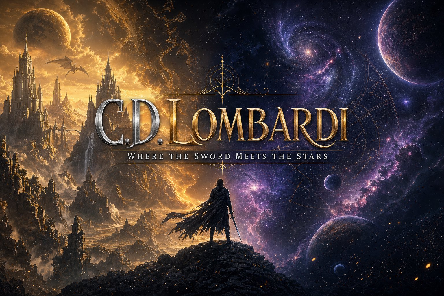 C.D. Lombardi — a lone figure with a sword stands between a golden fantasy realm and a star-filled galaxy. Tagline: Where the sword meets the stars.